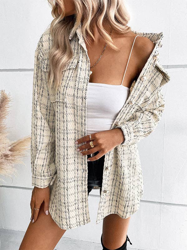 Buttoned Plaid Pockets Tied Waist Long Sleeves Loose Lapel Outerwear