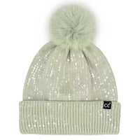 Clear Sequined Cuff Beanie with Pom Pom