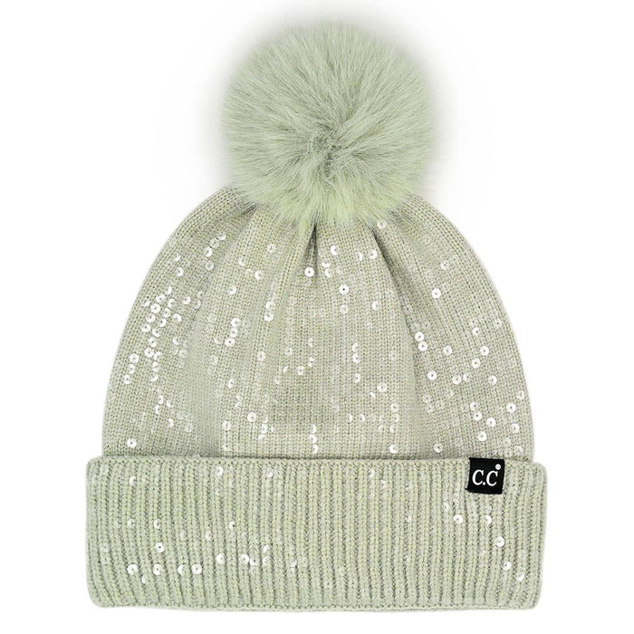 Clear Sequined Cuff Beanie with Pom Pom