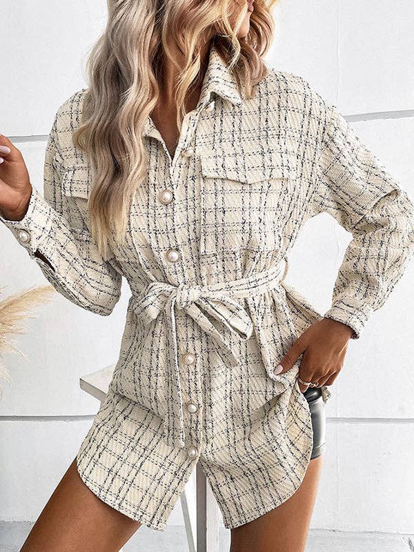 Buttoned Plaid Pockets Tied Waist Long Sleeves Loose Lapel Outerwear