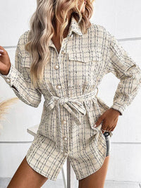 Buttoned Plaid Pockets Tied Waist Long Sleeves Loose Lapel Outerwear