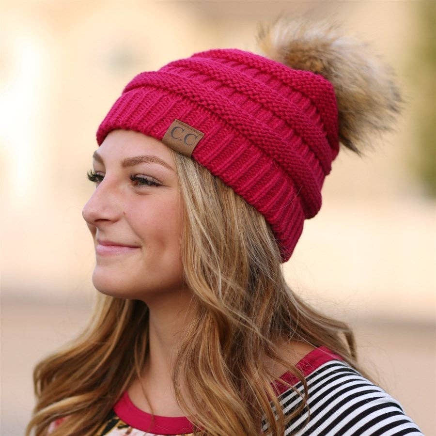 CC Tan Beanie with Faux Fur Pom
