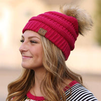 CC Tan Beanie with Faux Fur Pom