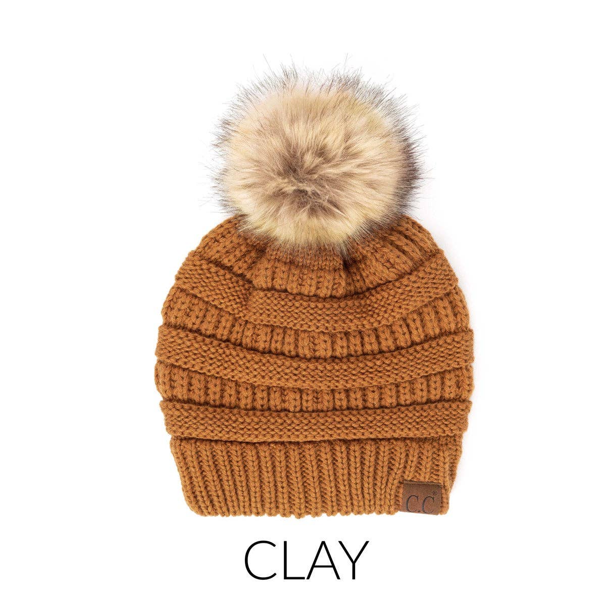 CC Tan Beanie with Faux Fur Pom