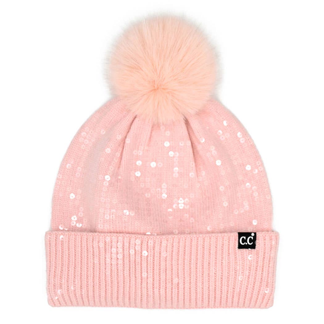 Clear Sequined Cuff Beanie with Pom Pom