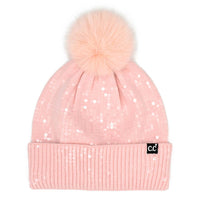 Clear Sequined Cuff Beanie with Pom Pom