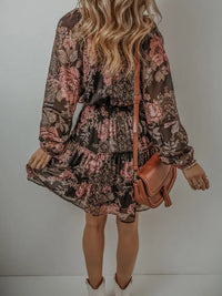 Black Vintage Floral Puff Sleeve V Neck Smock Waist Dress