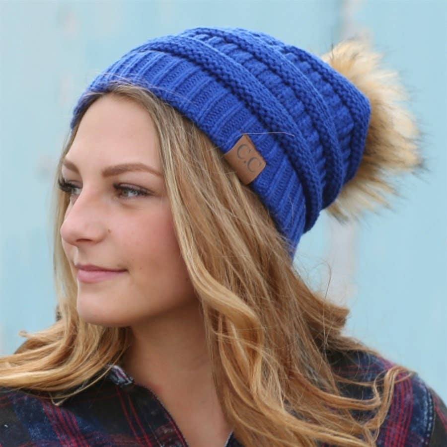 CC Tan Beanie with Faux Fur Pom