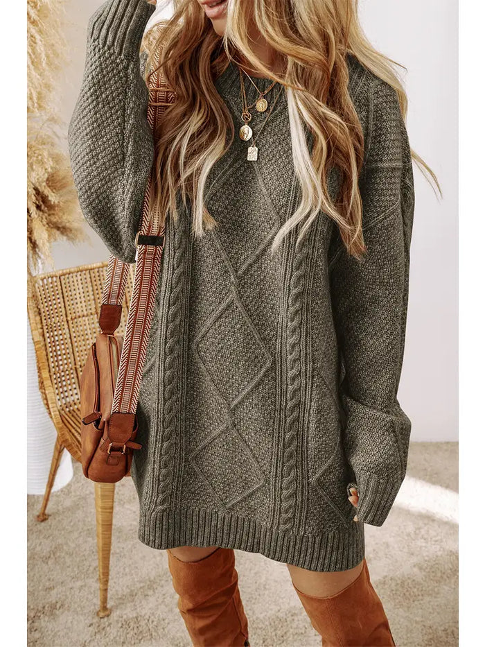 Mist Green Cable Knit Drop Shoulder Loose Fit Sweater Dress