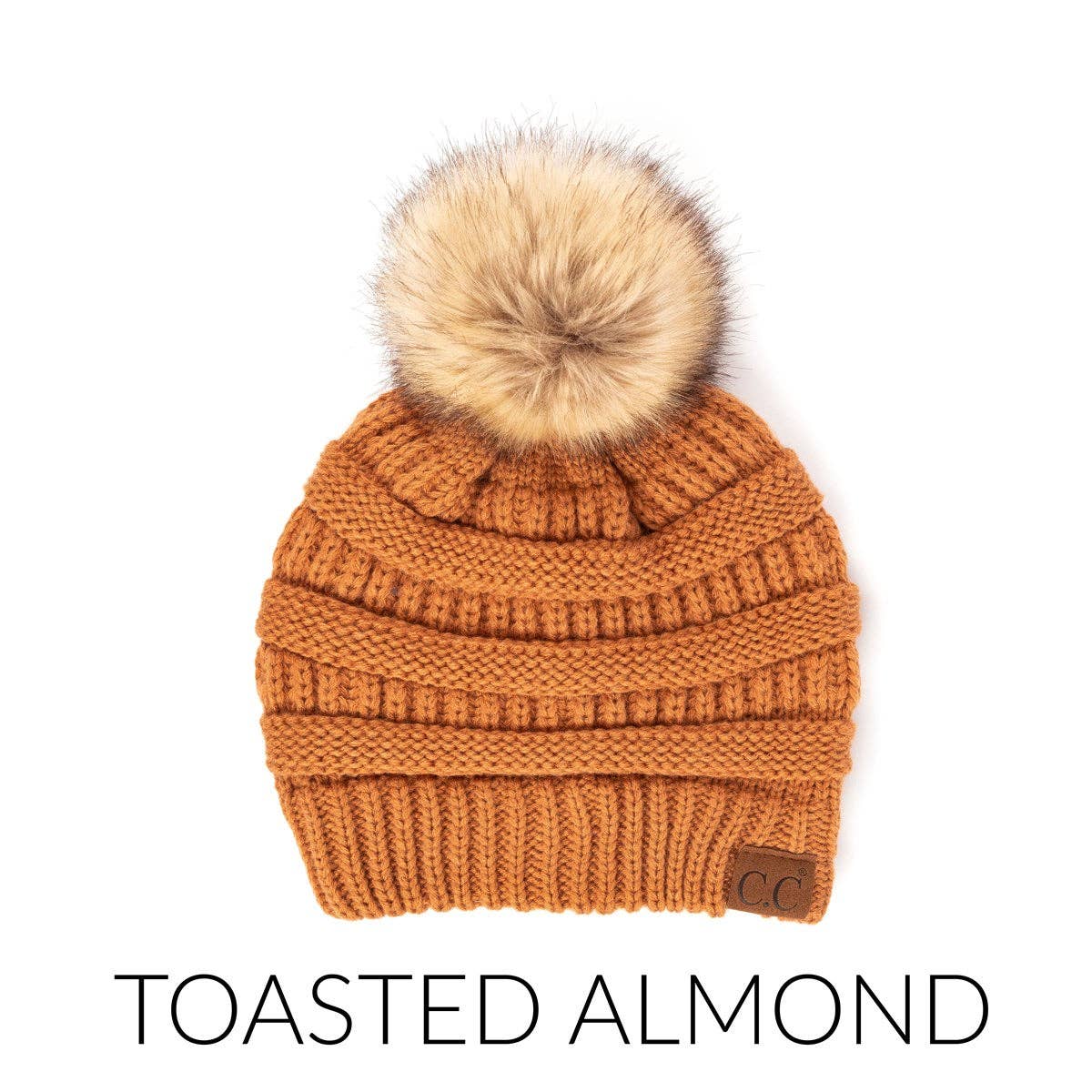 CC Tan Beanie with Faux Fur Pom