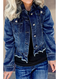 Ruffle Raw Hem Flap Pockets Denim Jacket